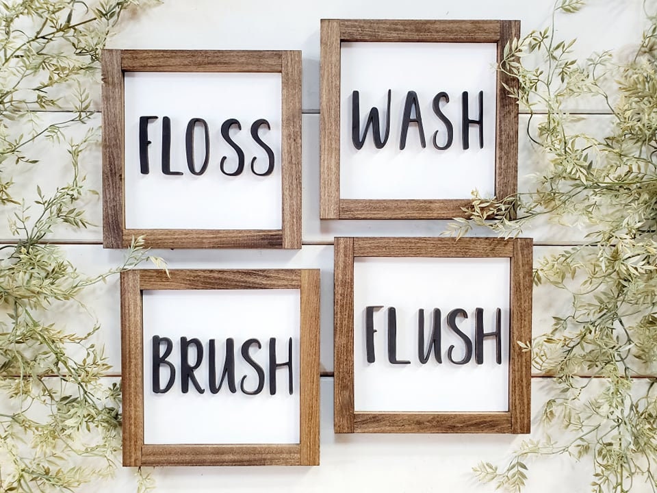 Bathroom Sign Set, Wash-Floss-Brush-Flush, Bathroom Signs, 3D  Lettering, Rustic Farmhouse Décor, Cute Bathroom Signs , 3D Carved Signs
