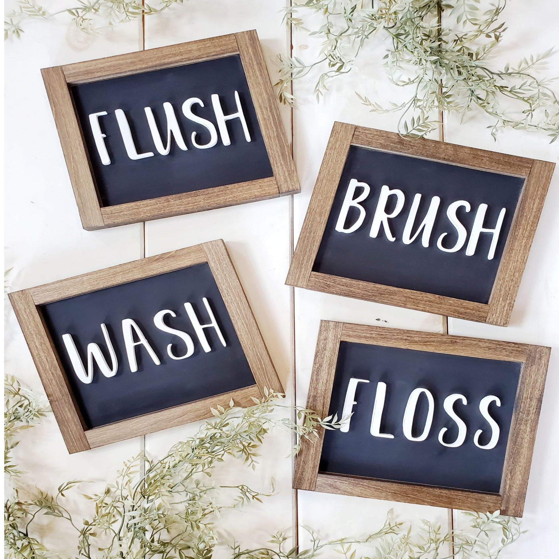 Bathroom Sign Set, Wash-Floss-Brush-Flush, Bathroom Signs, 3D  Lettering, Rustic Farmhouse Décor, Cute Bathroom Signs , 3D Carved Signs